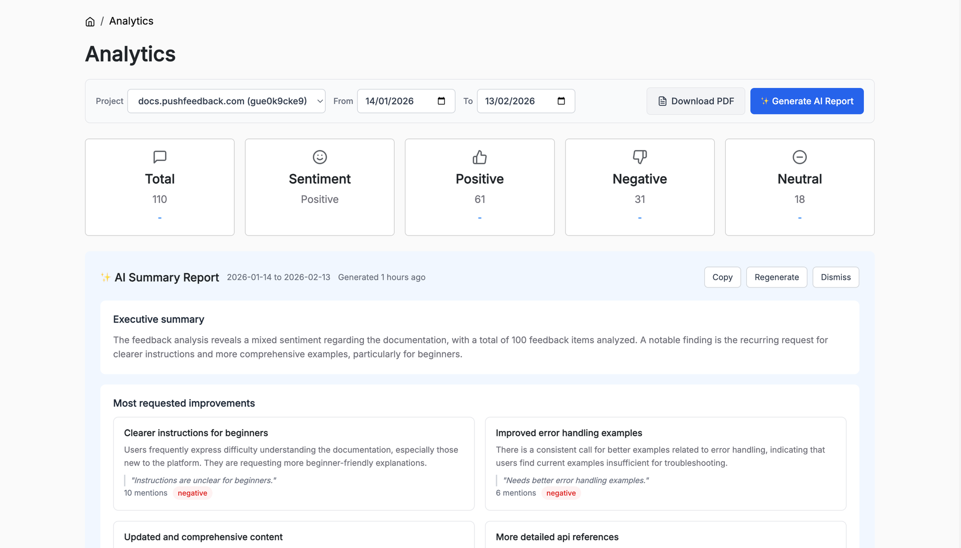 Analytics dashboard with AI-powered feedback reports and sentiment trends