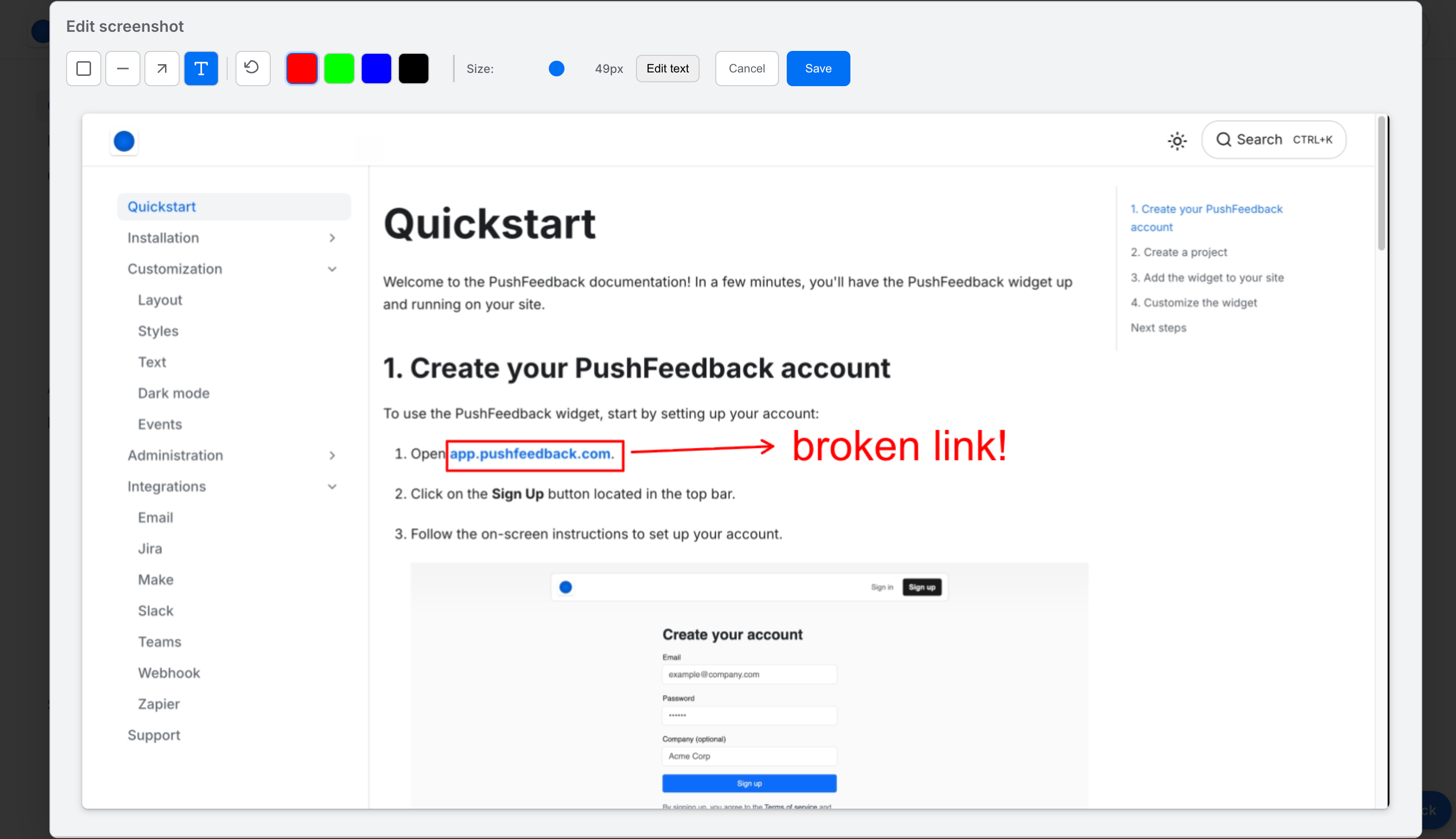 PushFeedback visual feedback tool showing screenshot annotations on staging sites