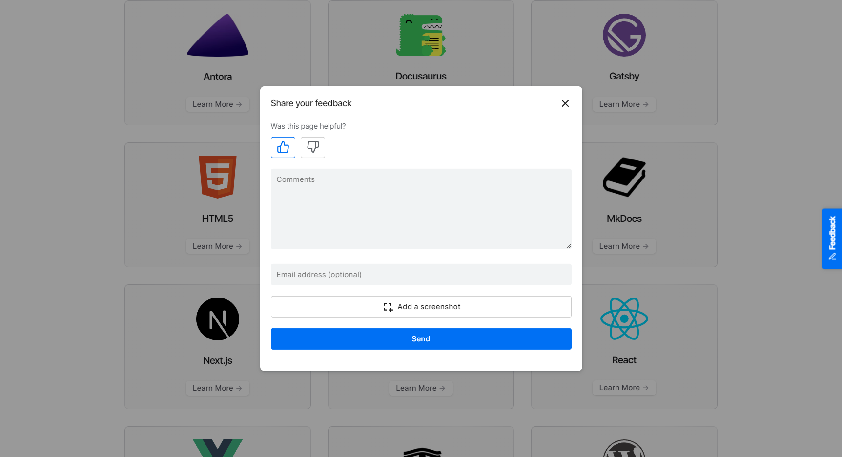 PushFeedback widget on a documentation site