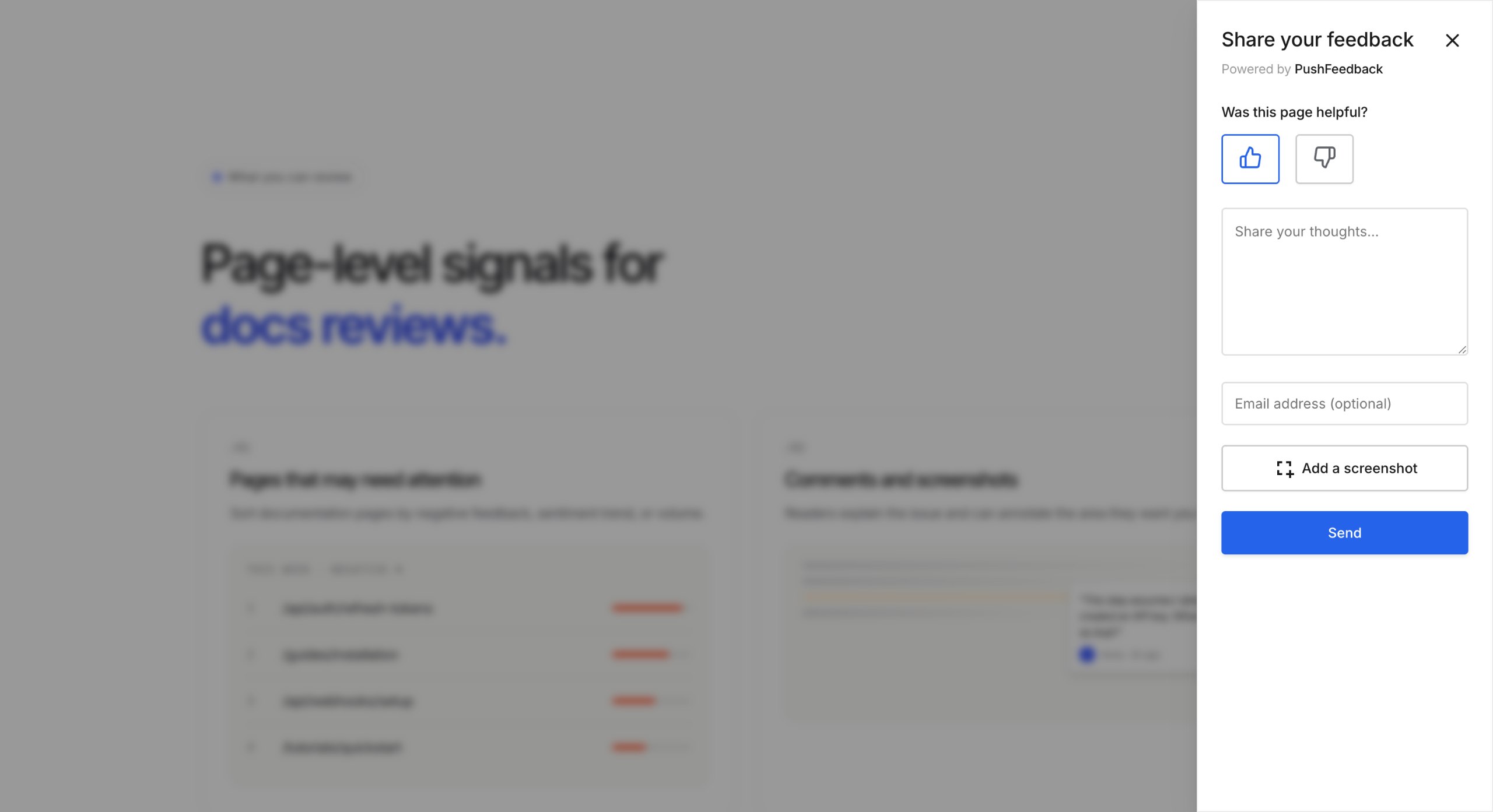 PushFeedback feedback panel with a helpfulness rating, optional comment and email fields, and an Add a screenshot control.